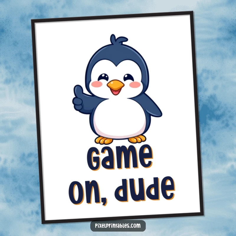 Funny poster featuring a playful pixelated penguin giving a pixelated thumbs up, ideal for retro gaming enthusiasts and collectors.