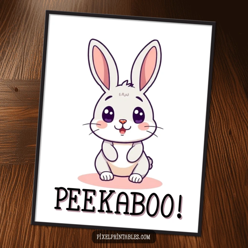 Funny pixelated rabbit peeking around a pixelated corner, a retro gaming art poster conveying comical surprise and pixelated charm.