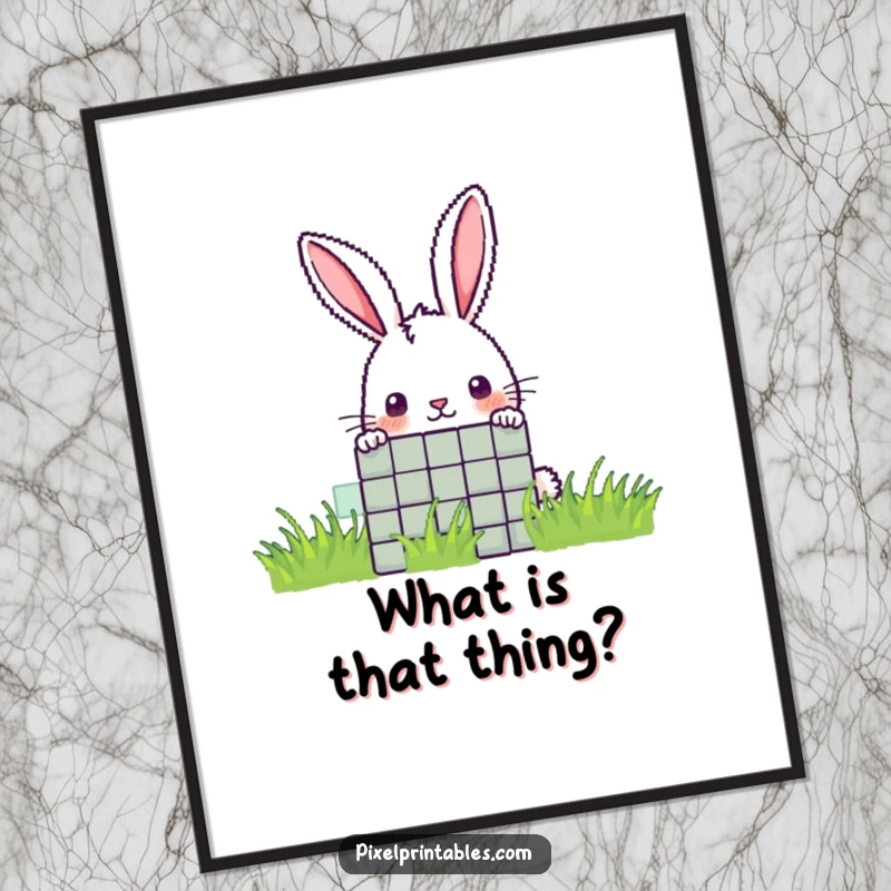 Funny pixel rabbit poster showing a curious pixelated rabbit peeking from behind a pixel, perfect for whimsical wall art.