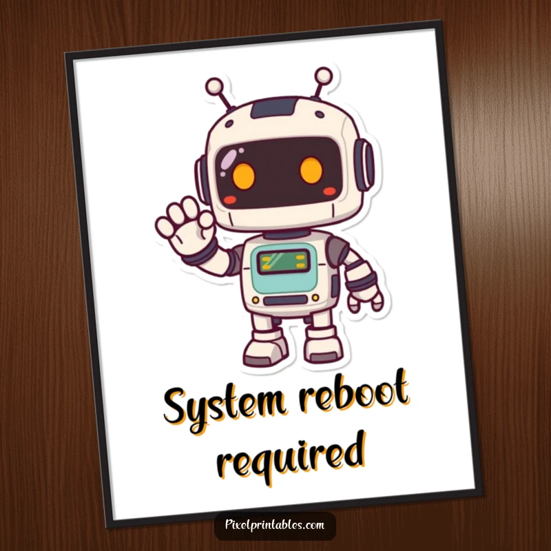 Funny Pixel Robot Poster featuring a cute, happy, pixelated robot waving, bringing retro charm and digital art to your walls.