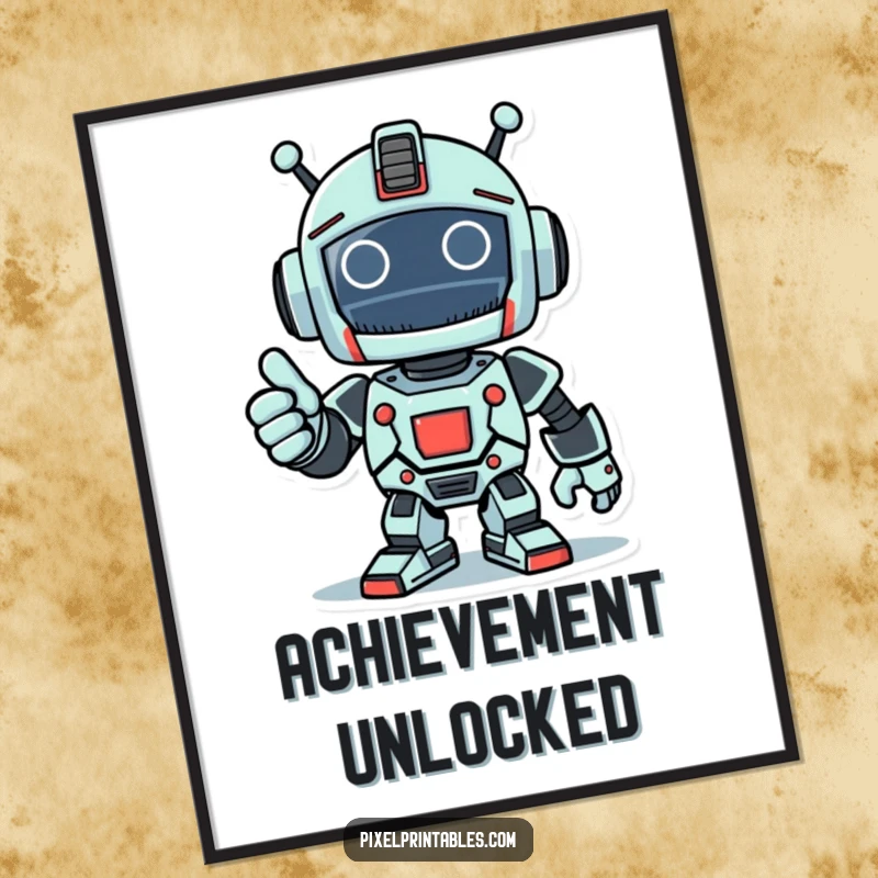 Funny poster print of a beaming pixelated robot giving a thumbs-up, a symbol of success.