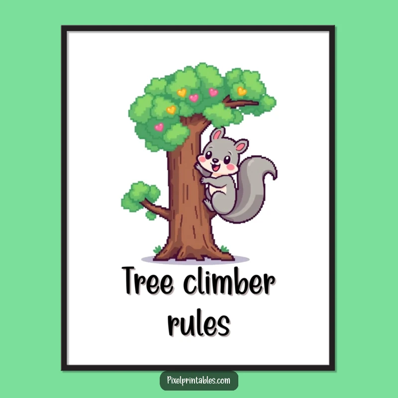 Funny Pixel Squirrel Poster: Cheerful Climb, Cute Pixel Art Decor
