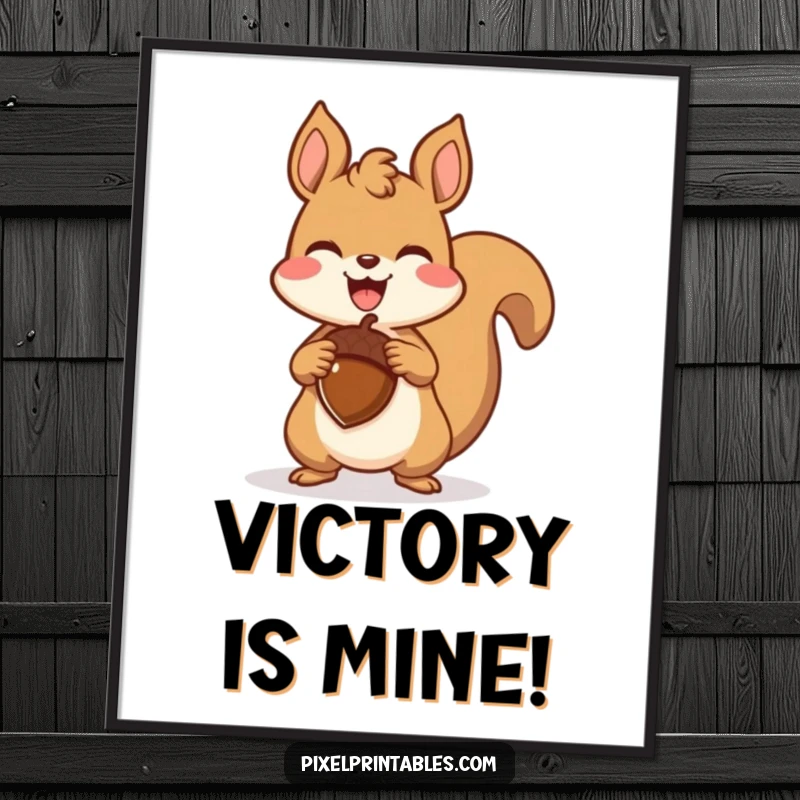 Funny pixelated squirrel triumphantly holding a pixelated acorn, a retro gaming art poster showcasing pure joy and pixelated victory.