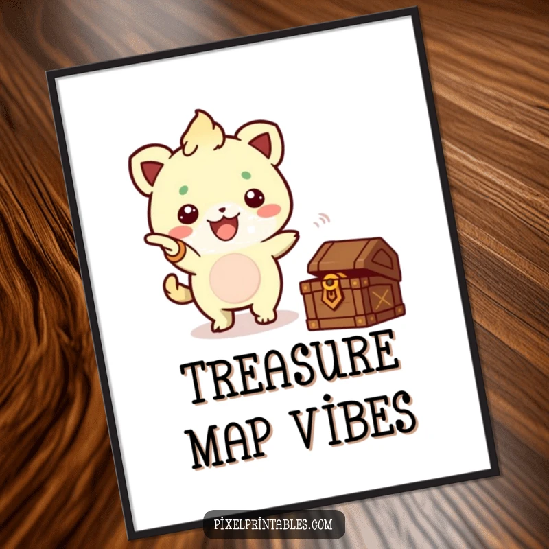 Funny Pixel Creature Treasure Poster, a cute pixelated creature enthusiastically pointing towards a treasure chest for wall art.