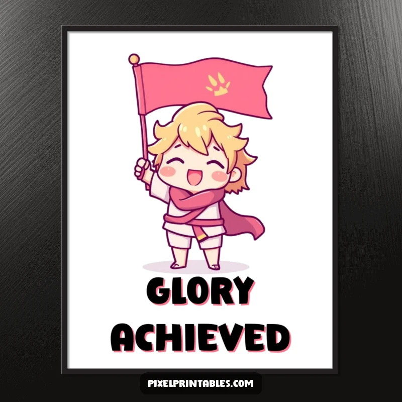 Funny Poster featuring a triumphant pixel character with sharp edges raising a pixel flag, perfect for gamer room decor.