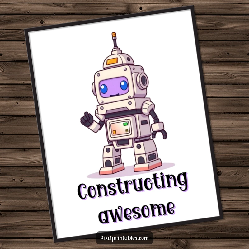 Funny Robot Poster, a small, smiling robot enthusiastically building a large pixelated structure, perfect wall art.