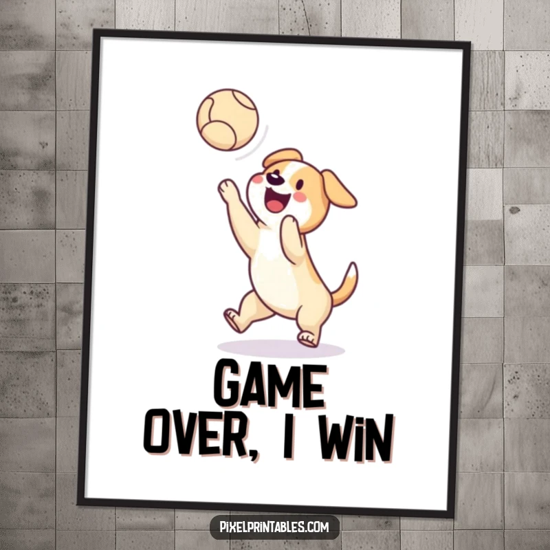 Funny poster showcasing a happy pixelated dog catching a pixelated ball mid-air, celebrating retro gaming aesthetics and pet love humorously.