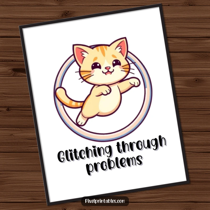 Funny poster showcasing a cute pixelated cat performing an impressive jump through a pixelated hoop, celebrating retro gaming aesthetics humorously.