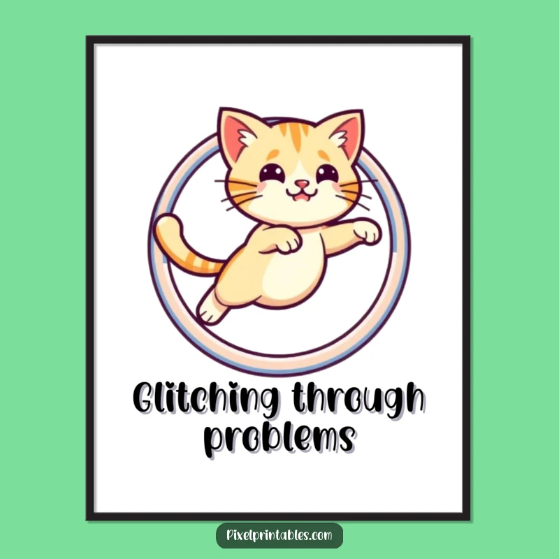 Funny Pixel Cat Poster: Leaping Hoop Art, Retro Gaming Decor Gift!