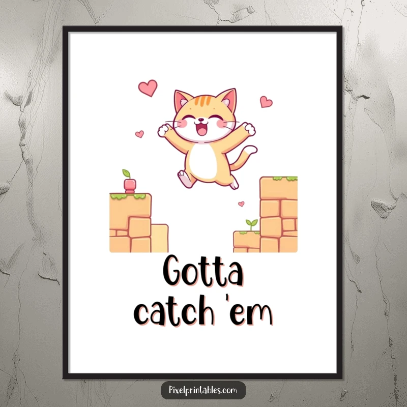 Funny poster depicting a cheerful cat character leaping between colorful pixelated platforms, evoking the fun of classic video games.