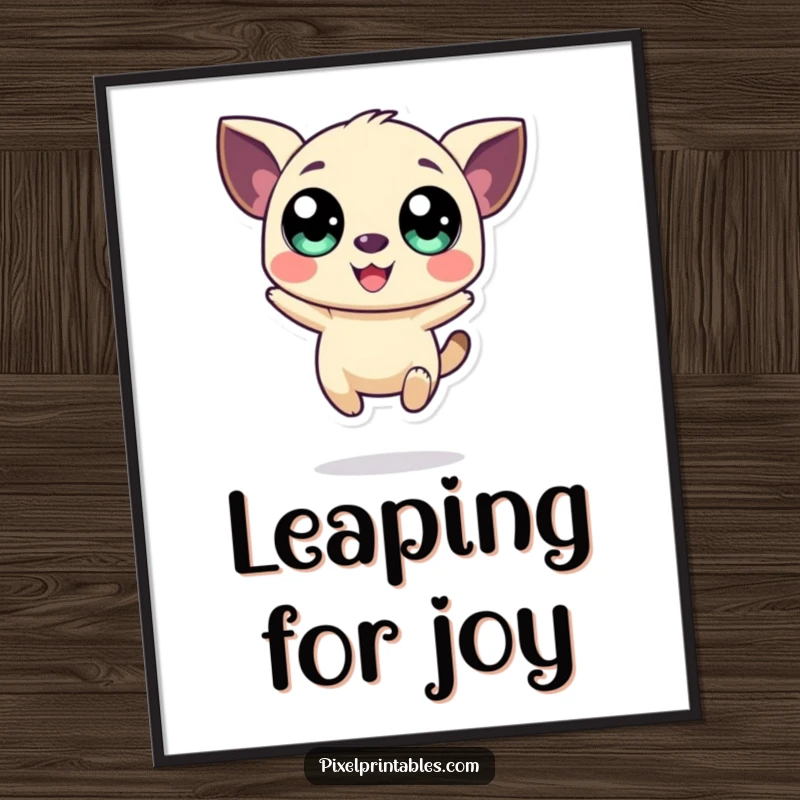 Funny poster of a joyful, large-eyed pixelated creature in a dynamic jumping pose, adding retro flair.