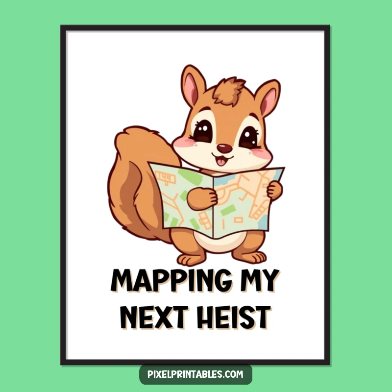 Funny Curious Squirrel Pixel Map Poster - Quirky Funny Wall Art Decor
