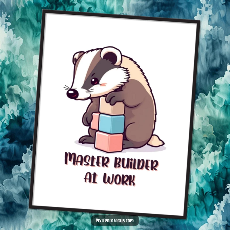 Funny badger concentrating on pixelated cubes, strategic wall art. Hilarious funny gift for builders.
