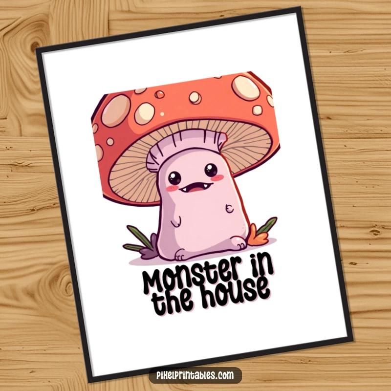 Funny Kawaii Monster Poster, an adorable monster peeking from behind a giant pixelated mushroom, whimsical wall art.