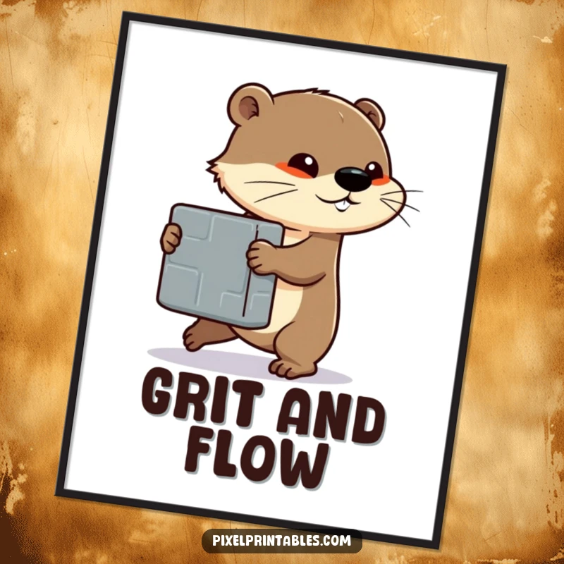 Funny poster depicting a determined otter character pushing a large pixelated block, a symbol of perseverance and strength.