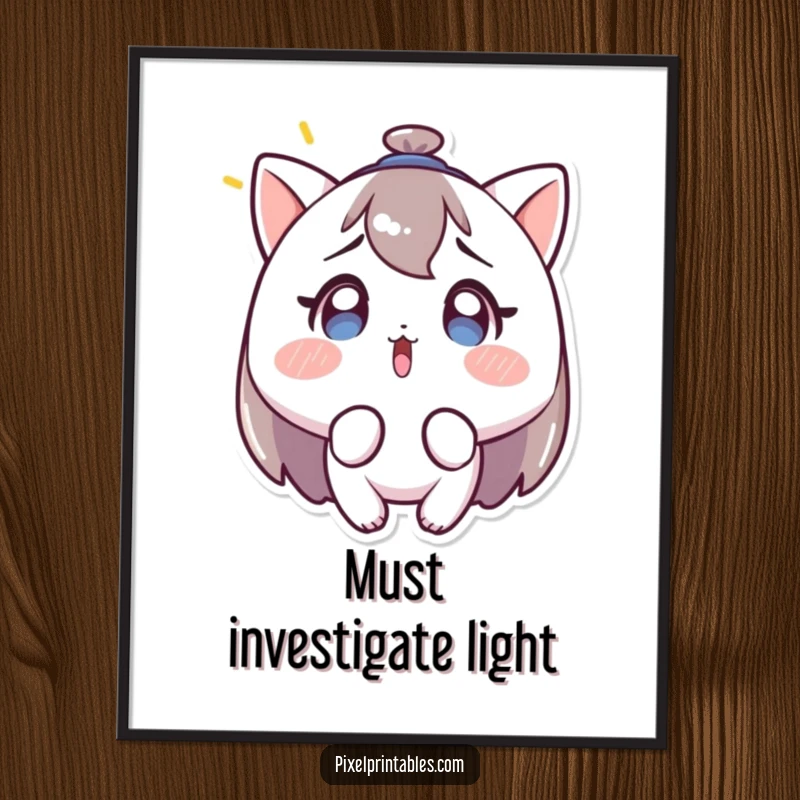 Funny poster art of a character looking surprised and intrigued by a blinking light, adding a touch of relatable confusion to decor.
