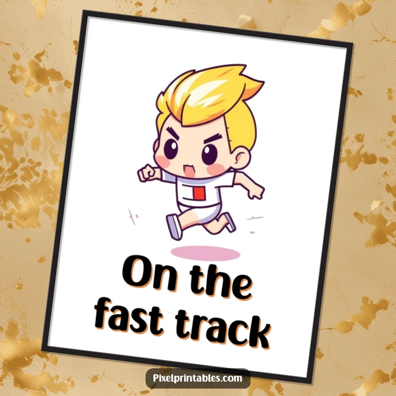 Funny poster capturing a determined pixel character with bold outlines crossing the finish line in a high-speed pixel race.