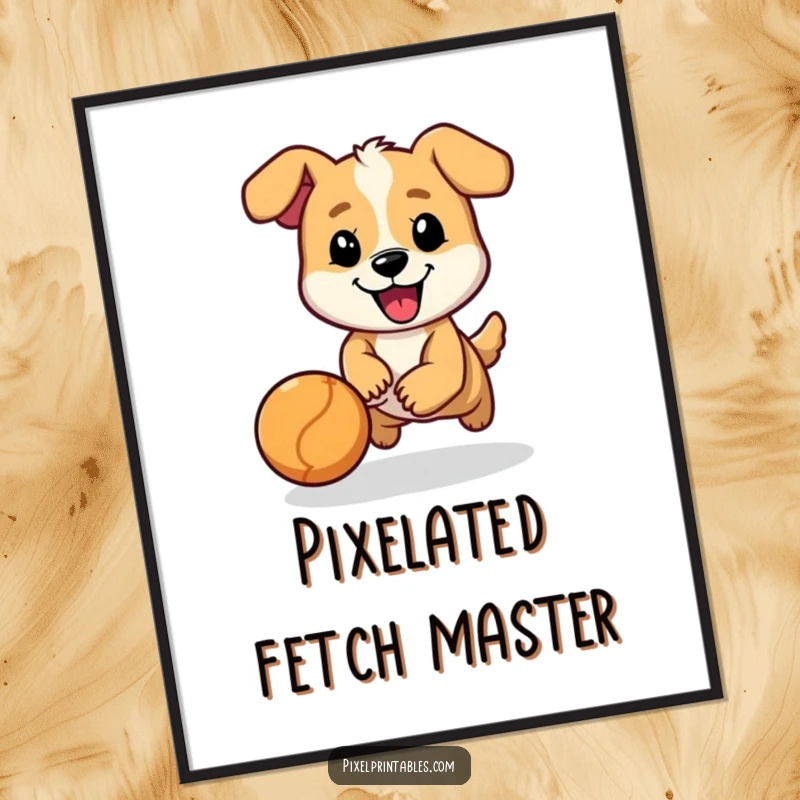 Funny poster print of a cheerful, pixelated dog character chasing a bouncing ball, perfect for vibrant wall decor.