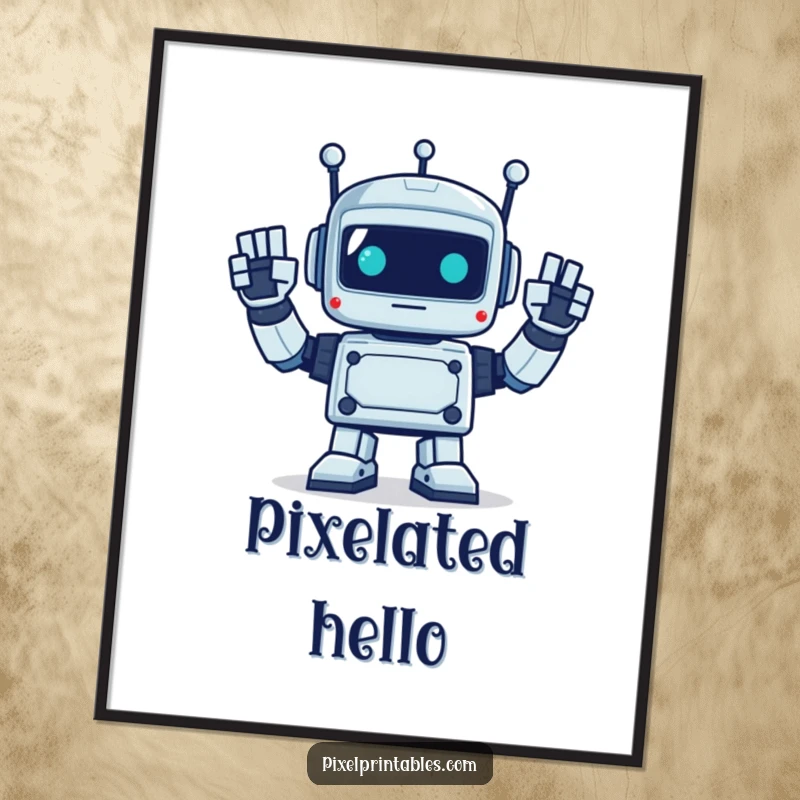 Funny poster of a pixelated robot enthusiastically waving with square hands, perfect for retro digital wall decor.