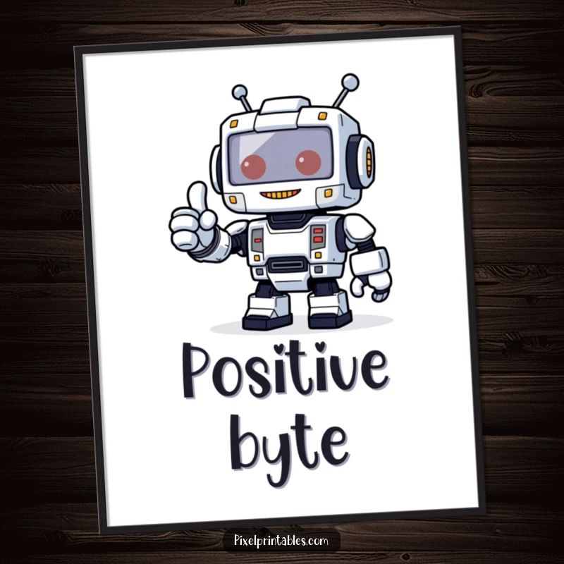 Funny poster of a blocky, pixelated robot giving a thumbs up, symbolizing digital approval and friendly support.