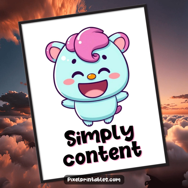 Funny poster of a content pixelated character with a warm smile, perfect for adding a cheerful and calming vibe.