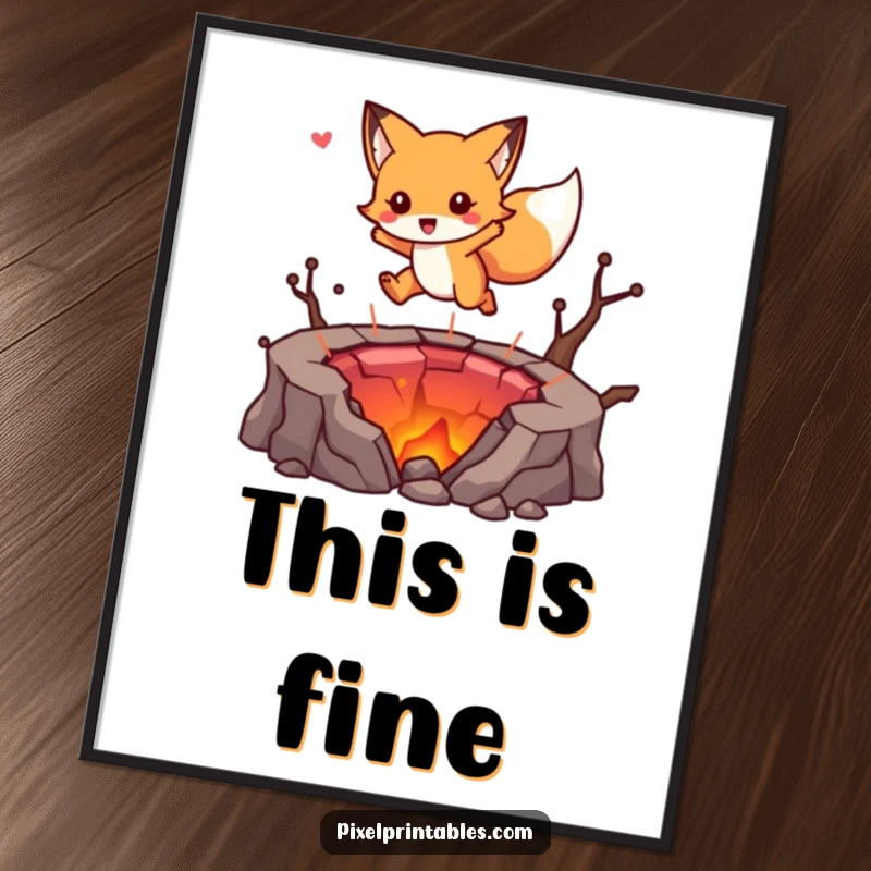 Funny poster capturing a cute fox character leaping across a colorful, pixelated lava pit, a tribute to classic gaming adventures.