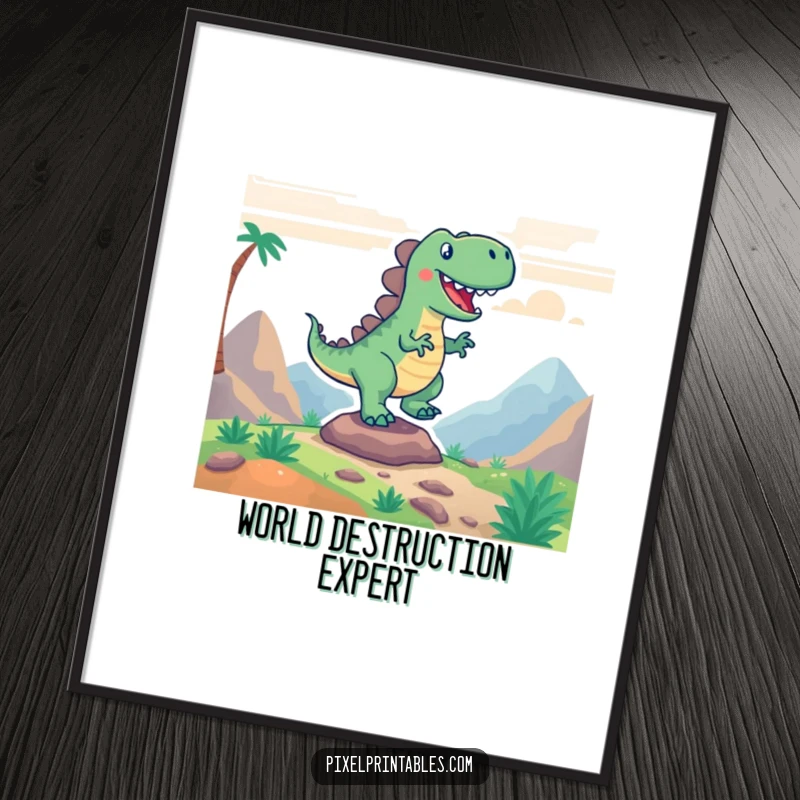 Funny poster print of an enthusiastic dinosaur stomping in a classic pixelated game environment, vibrant and retro.