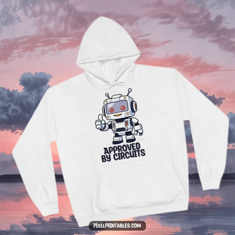 Funny, cozy hoodie featuring a friendly, blocky pixelated robot giving a thumbs up, ideal for warm, positive vibes.