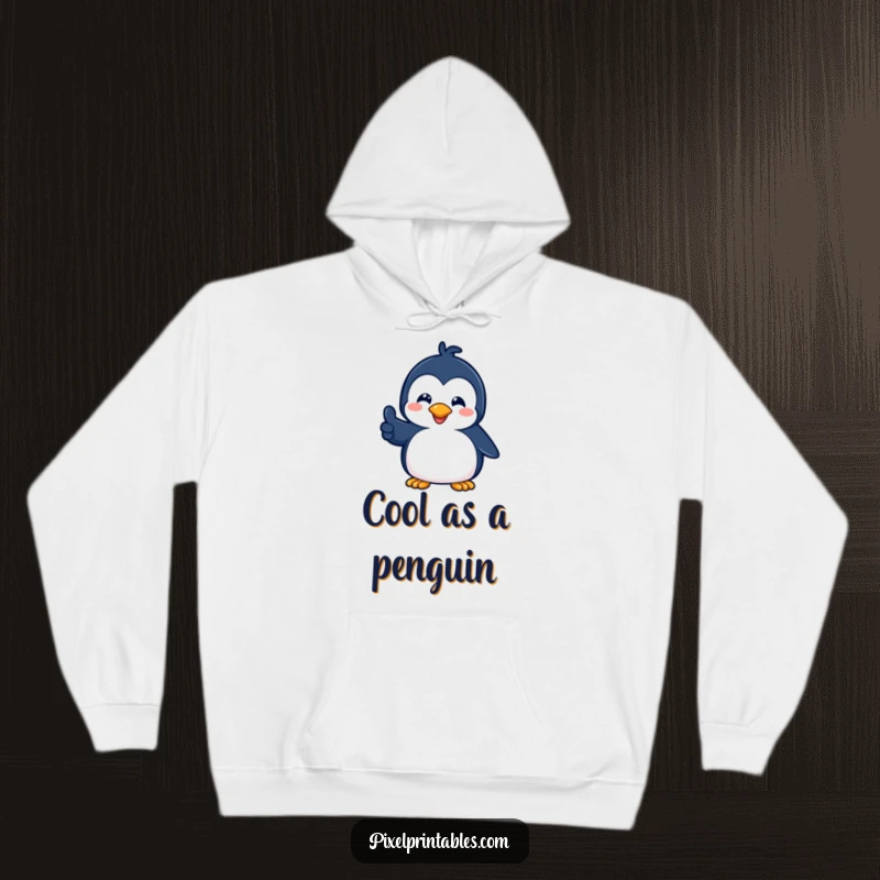 Funny hoodie featuring a playful pixelated penguin giving a pixelated thumbs up, offering retro comfort and gaming-inspired cheer.