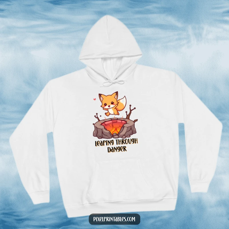 Funny hoodie featuring a cute fox character executing a pixelated lava pit jump, offering warmth and retro gaming flair.