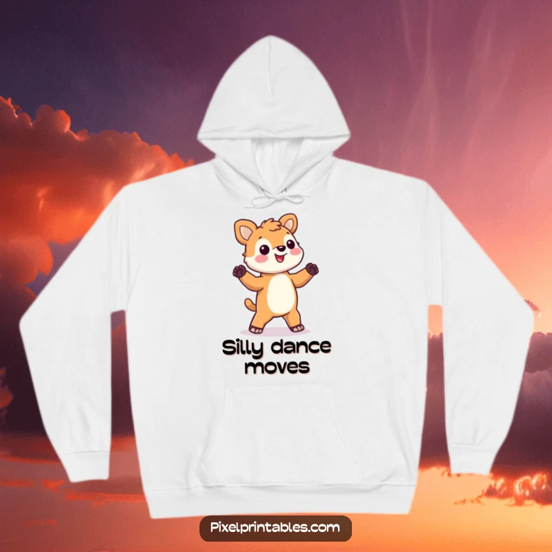 Funny pixel animal hoodie featuring a happy, blocky animal doing a silly dance, offering warmth and a playful vibe.