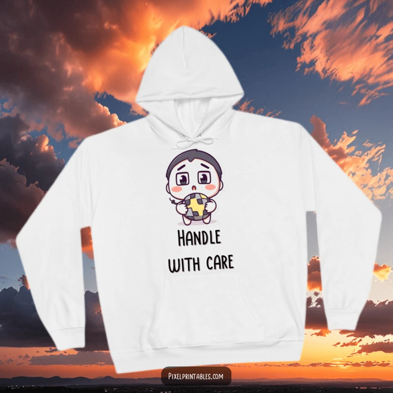 Funny pixel bomb hoodie with a surprised character, square eyes wide, holding a pixelated bomb, radiating gamer stress.
