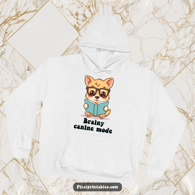 Funny hoodie with a silly dog character wearing pixelated glasses, engrossed in a book, offering comfort and a dose of intellectual, canine humor.