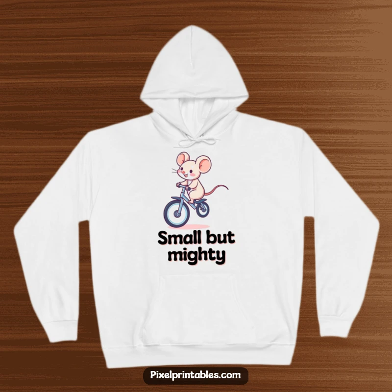 Funny hoodie featuring a giggling pixelated mouse riding a pixelated unicycle, offering retro comfort and whimsical cheer.