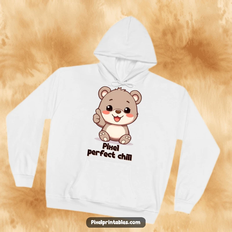 Funny Hoodie: A happy bear cub with pixelated fur gives a thumbs up, perfect for cozying up with positivity.