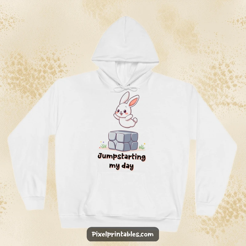 Funny Hoodie: A playful bunny is jumping over a pixelated block, designed for comfort and a touch of fun.