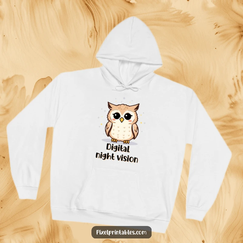 Funny pixelated owl hoodie featuring a curious owl gazing at a detailed pixelated star map, perfect for cold nights and warm intellect.