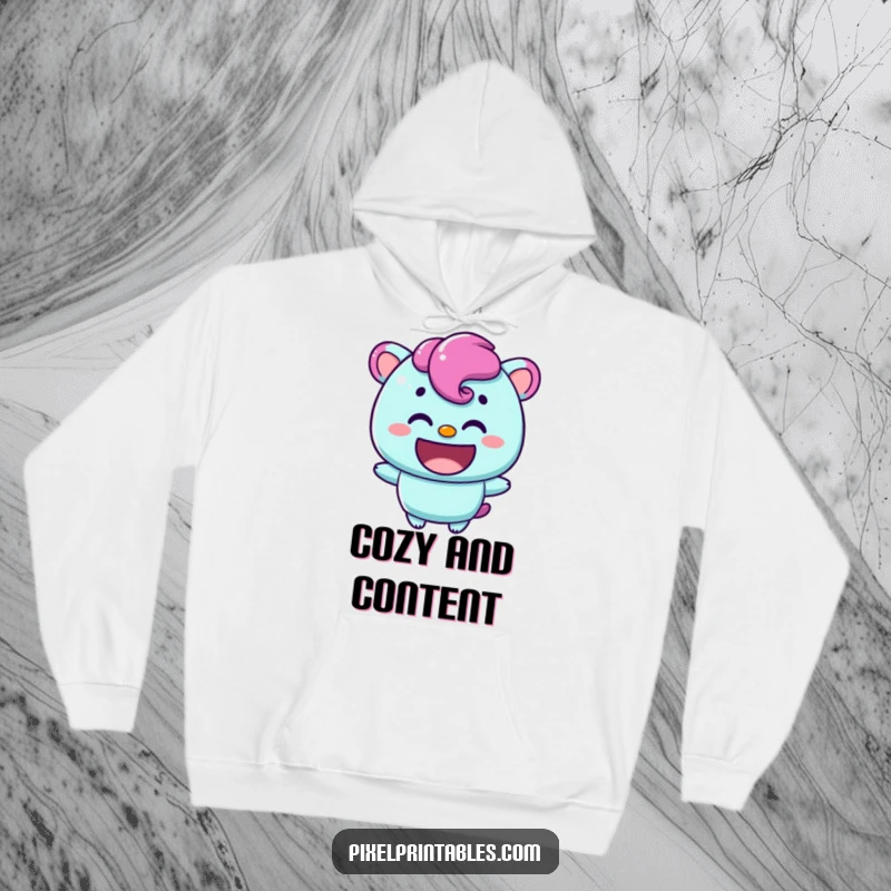 Funny hoodie with a content pixelated character giving a warm smile, offering comfort and a cheerful design.
