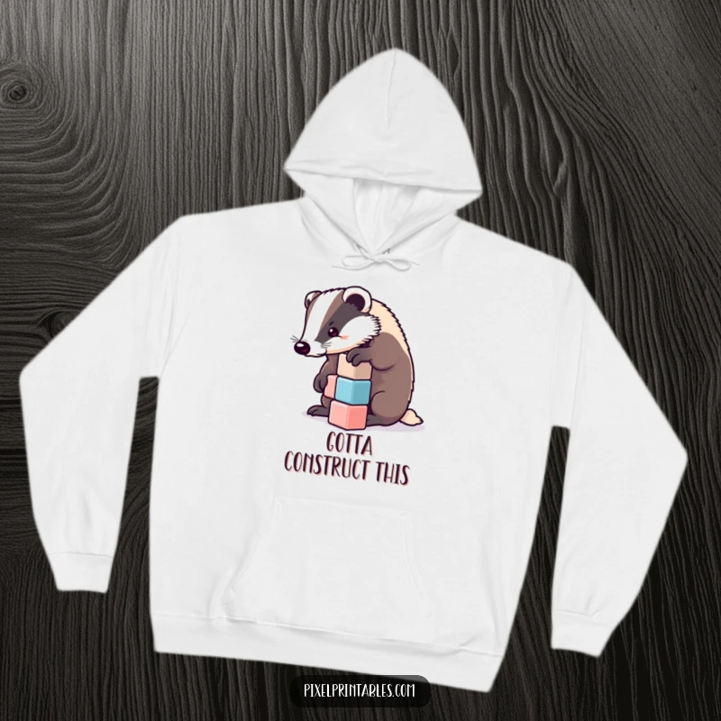 Funny badger focused on stacking pixelated cubes, warm hoodie. Excellent funny gift for gamers and builders.