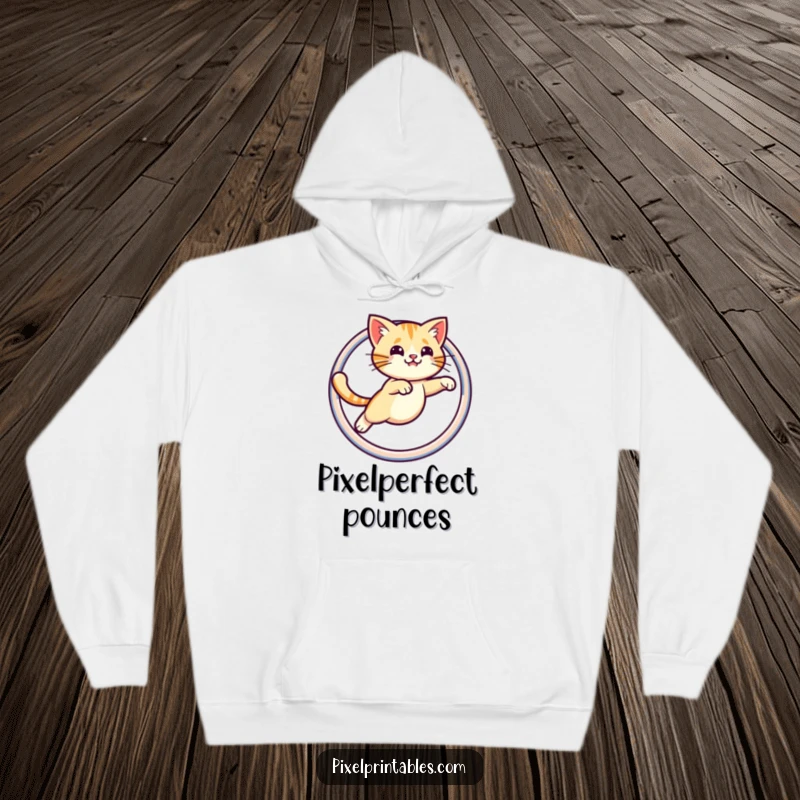 Funny hoodie featuring a cute pixelated cat leaping through a pixelated hoop, offering cozy warmth and retro gaming nostalgia.