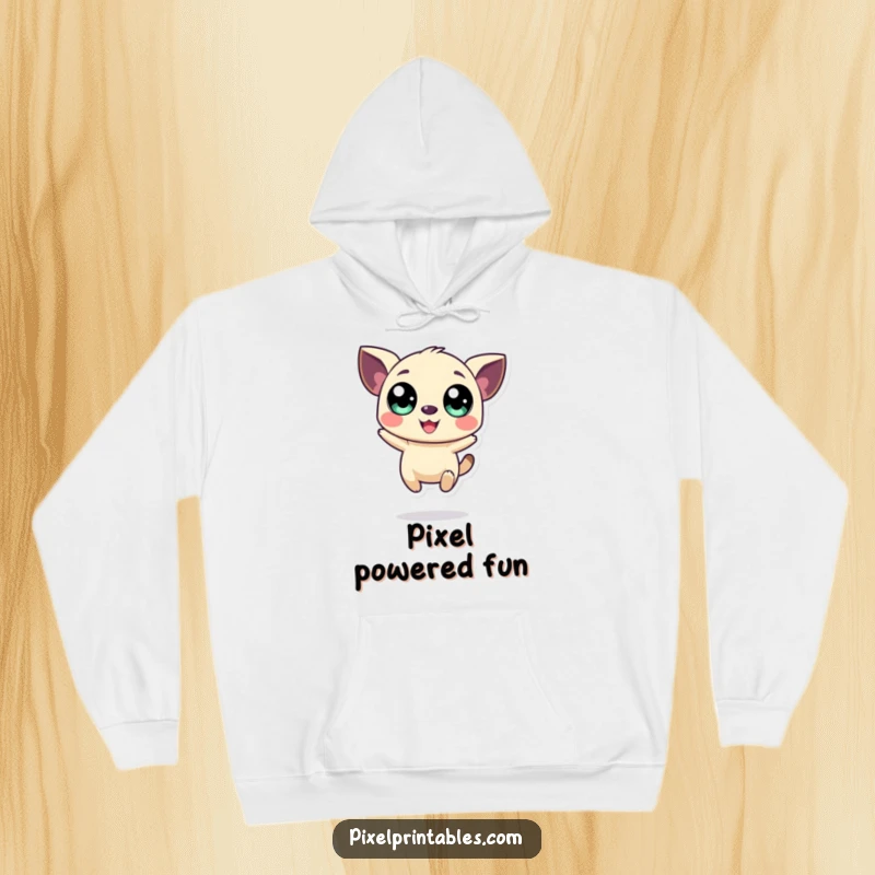 Funny, cozy hoodie with a large-eyed, pixelated creature energetically jumping, exuding retro joy and warmth.