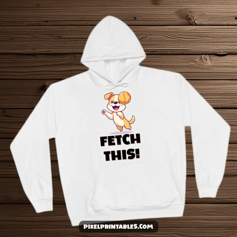 Funny hoodie featuring a happy pixelated dog catching a ball, offering cozy retro gaming vibes.