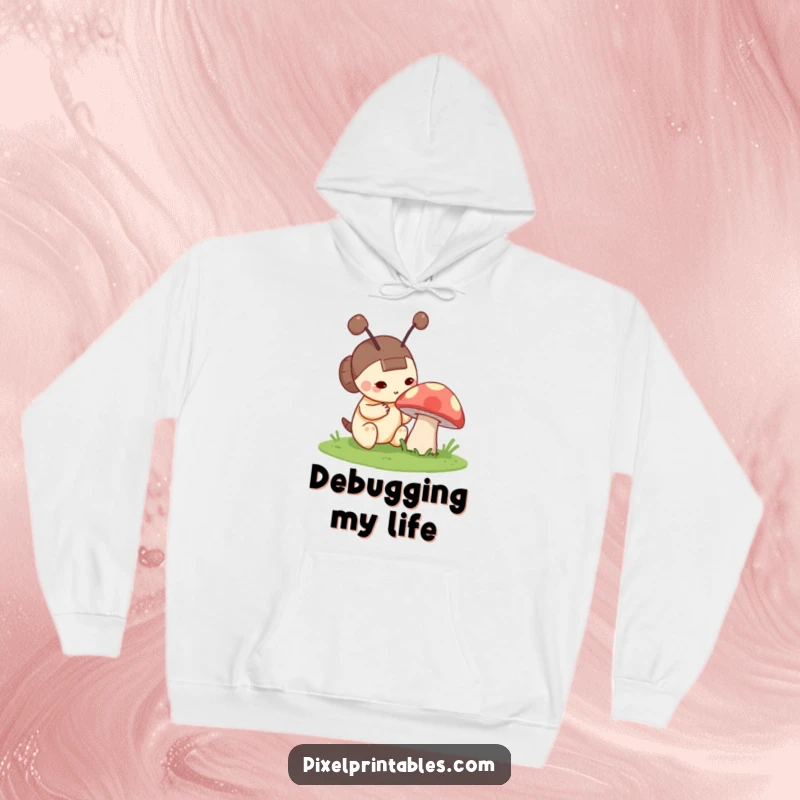 Funny hoodie showing a curious pixel character with blocky antennae investigating a large, pixelated mushroom in a retro digital environment.