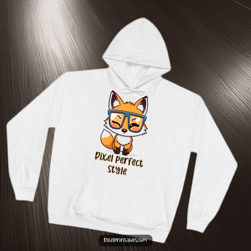Funny Pixel Fox Hoodie: A winking pixelated fox sporting pixel glasses, symbolizing a cozy and cool retro gaming experience.