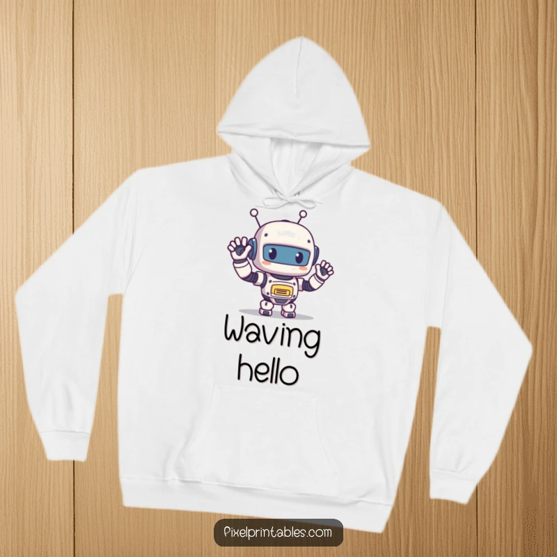 Funny Pixel Robot Hoodie: Cute pixelated robot giving a happy wave, comfortable and warm retro style.
