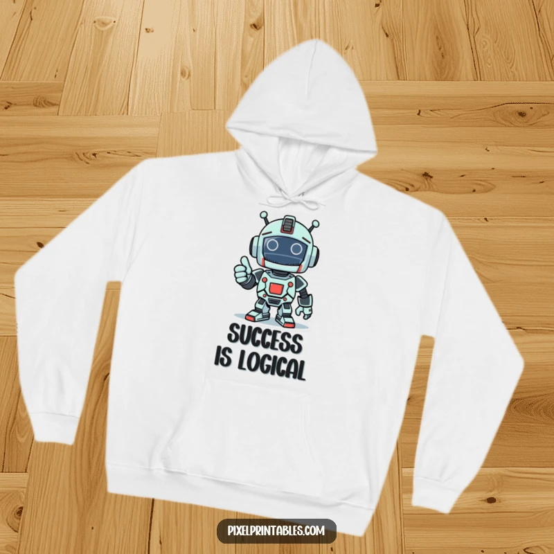 Funny hoodie featuring a triumphant pixelated robot giving a thumbs-up, offering cozy victory vibes.