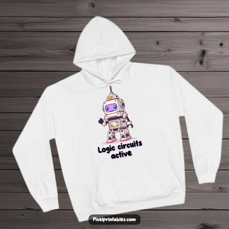 Funny Robot Hoodie, a determined little bot smiling and building a huge pixel art structure, warm and cozy.