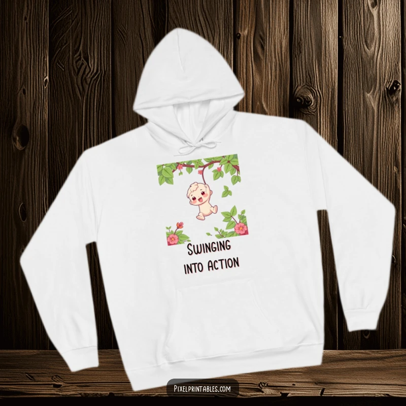 Funny Hoodie: Playful character swinging from a vine, radiating a sense of carefree fun and humor, perfect for a funny gift.