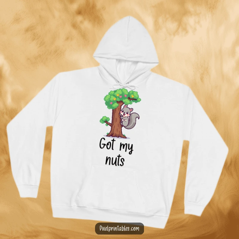 Funny Pixel Squirrel Hoodie: Cute pixelated squirrel cheerfully climbing a pixel tree, soft and warm pixel art hoodie.