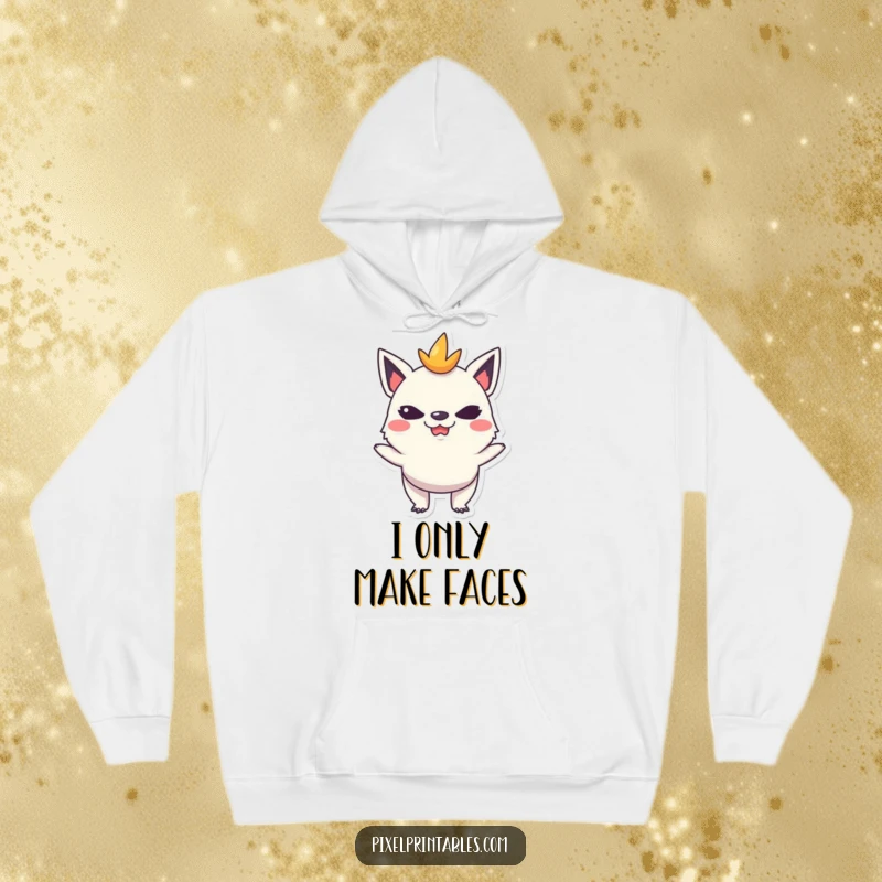 Funny hoodie featuring a mischievous pixelated creature pulling a funny face, offering comfort and lighthearted style.